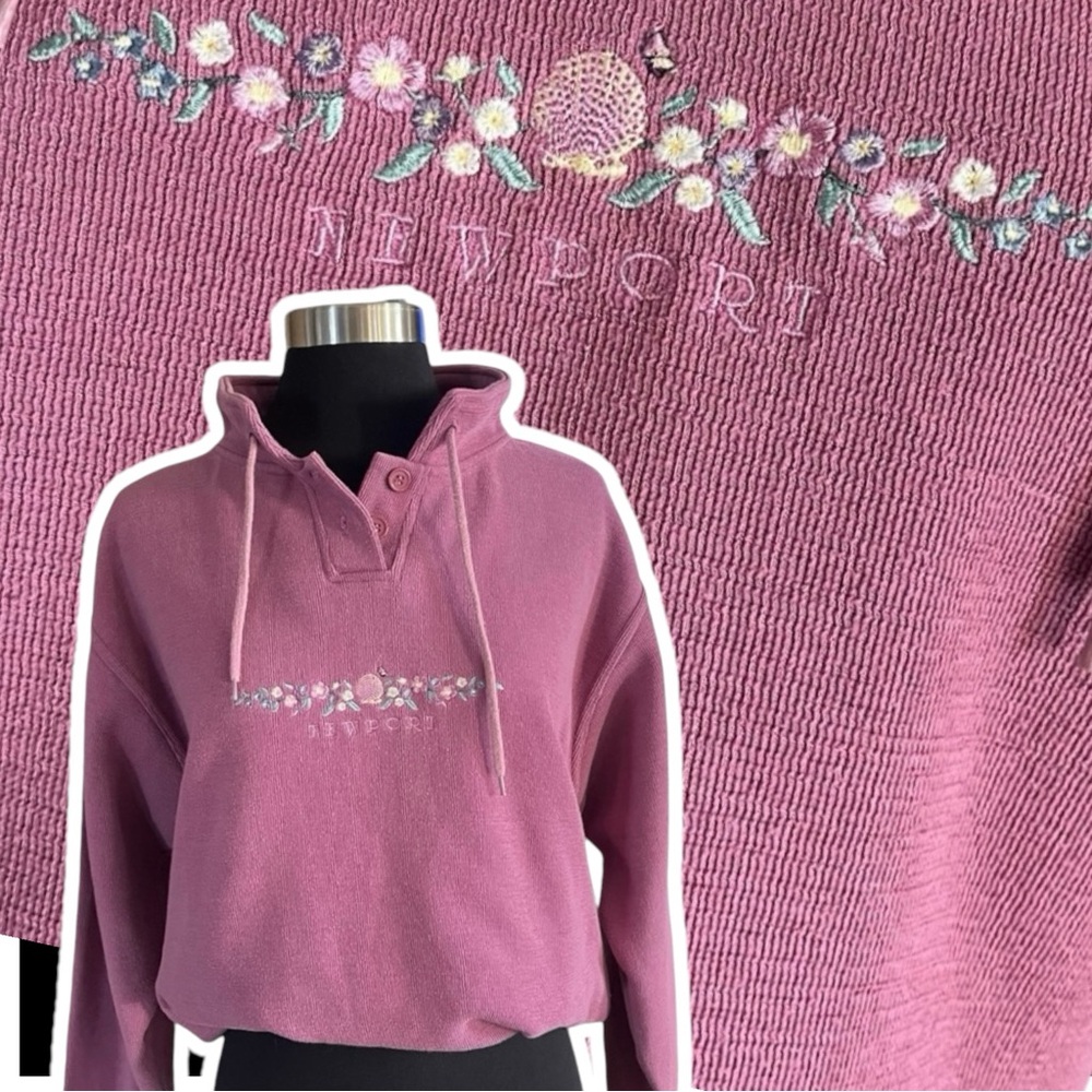 Vintage NEWPORT 1/4 button mock neck sweatshirt embroidered Cuffy’s Resortwear L - Picture 1 of 12